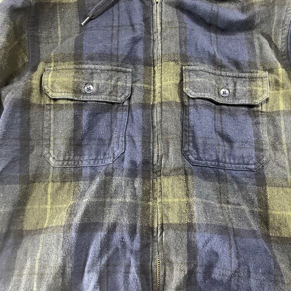 Kavu Jacket Mens Medium Blue Plaid Stripe Hooded Full Zip Cotton Flannel Shirt - Picture 4 of 12